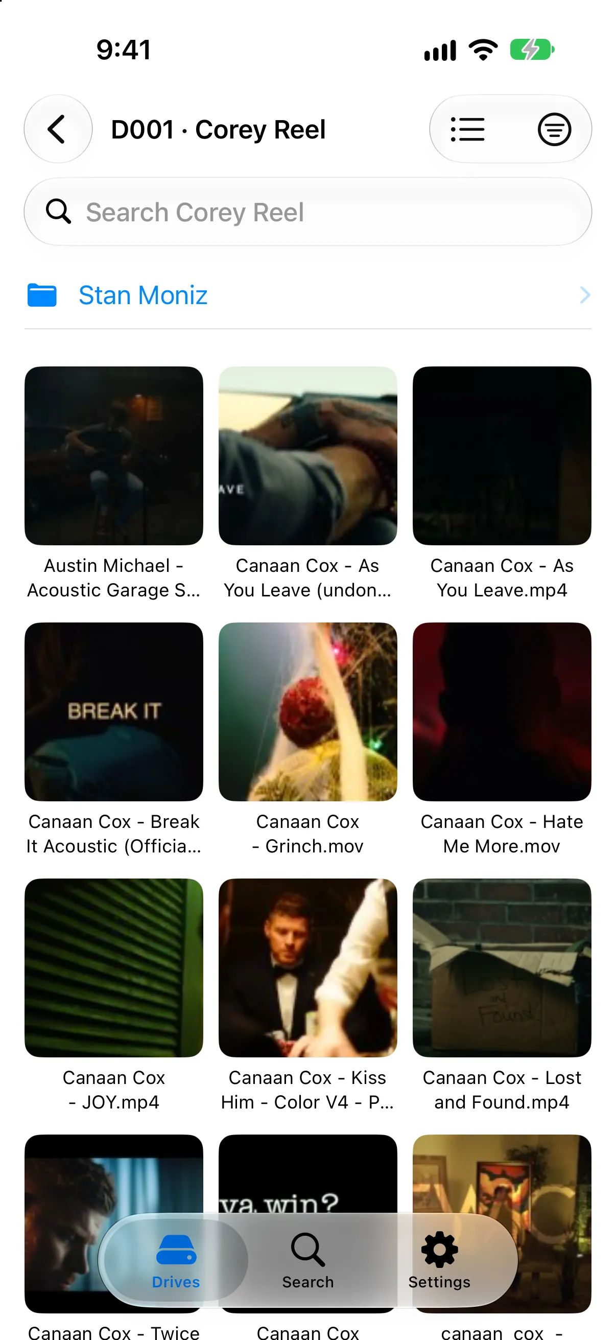 DriveIndex Companion on iPhone showing a drive's video files as thumbnails