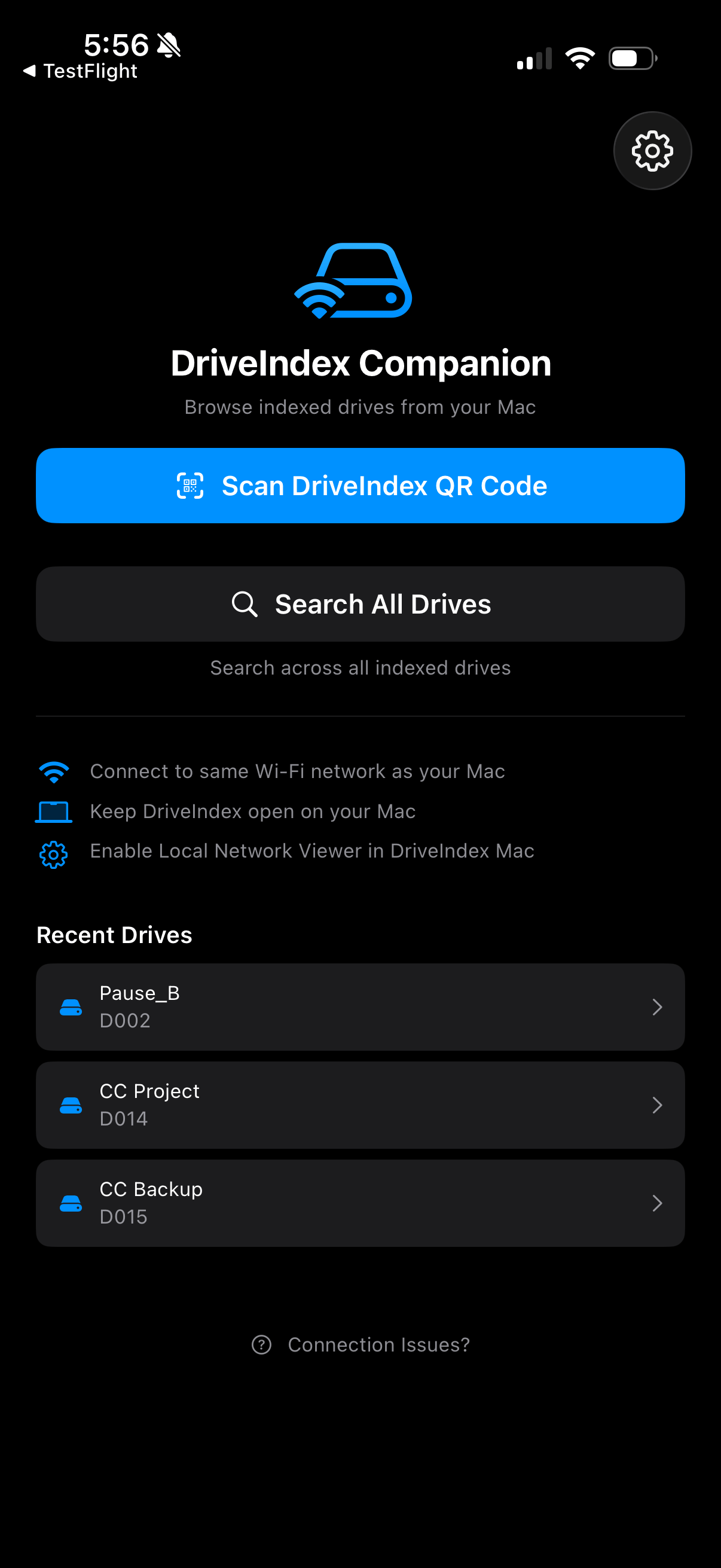 DriveIndex iOS companion app on iPhone showing drive browser with QR code scanning and thumbnail previews