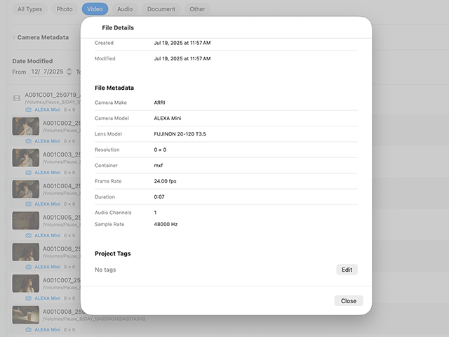 File metadata view displaying camera settings, lens information, codec details, and technical specifications from ARRI, RED, Sony, and Blackmagic cameras