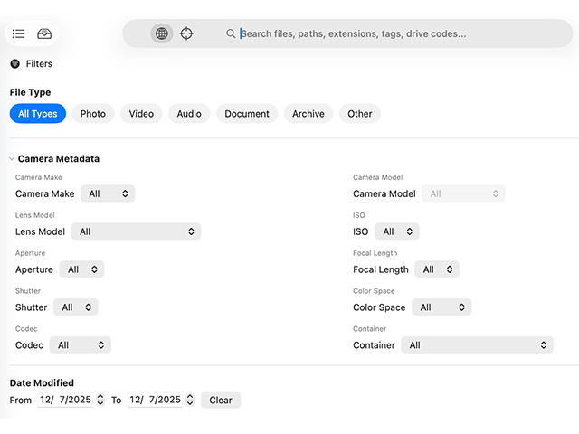 DriveIndex search interface with metadata filters for camera make, lens, resolution, and file type